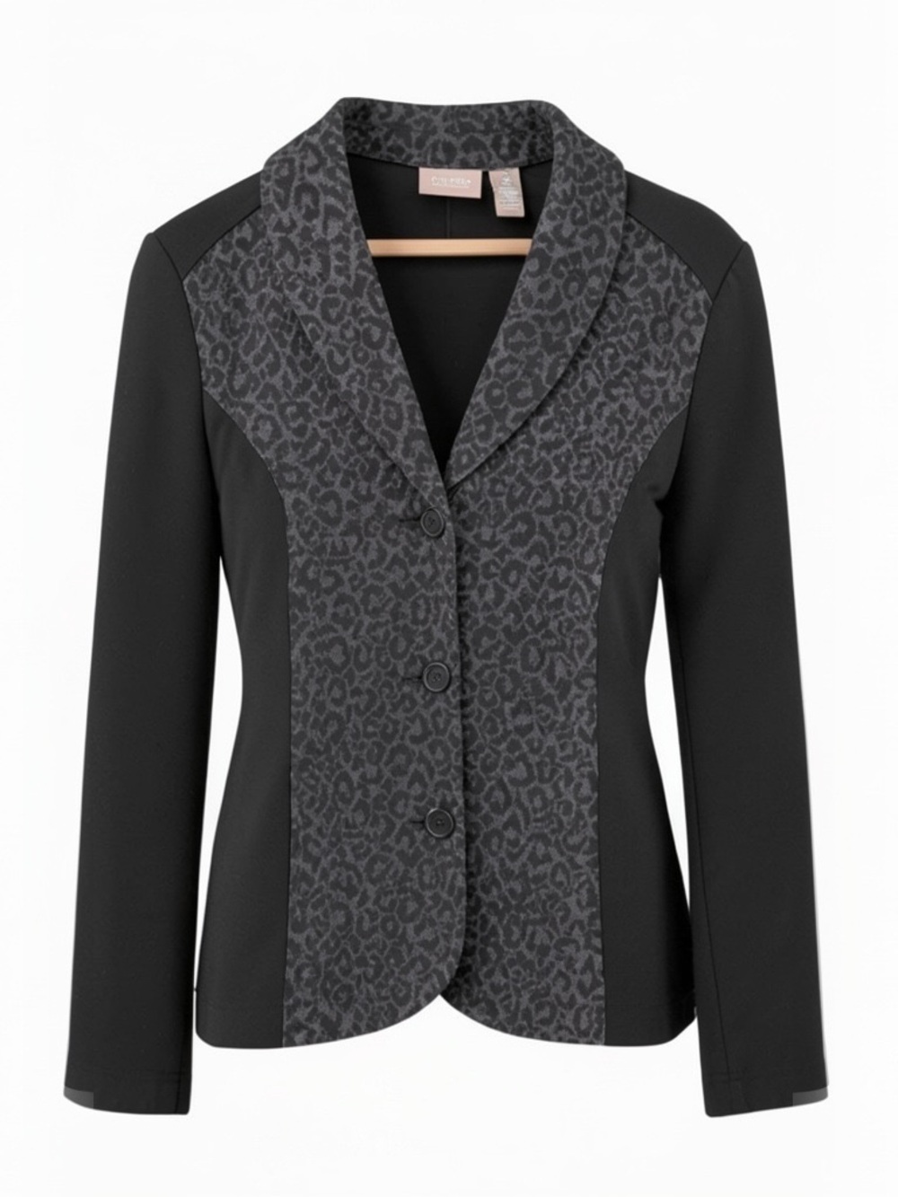 Chico's Black Jacket with Gray Leopard-Print Trim